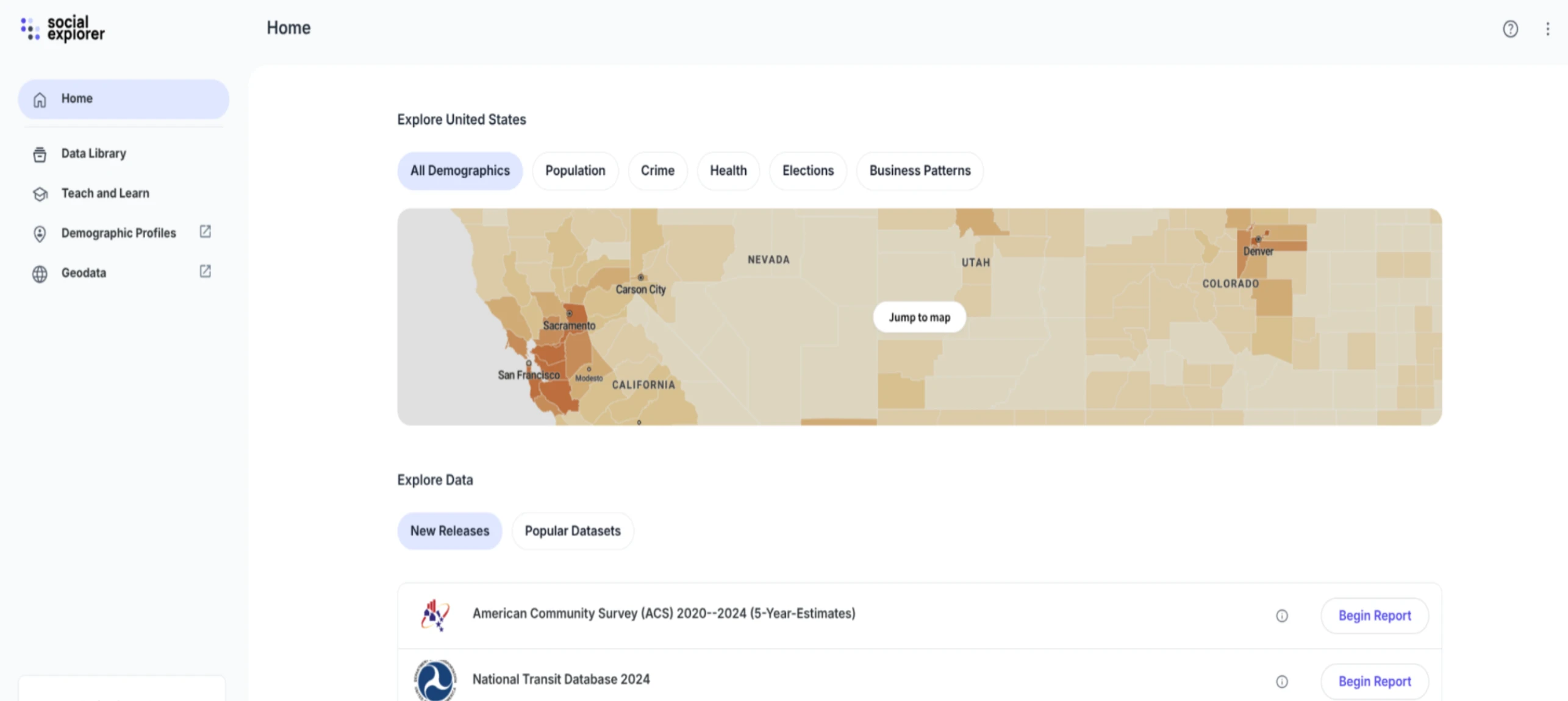 Social Explorer analytics website homepage showing an interactive map of the United States as its primary feature.