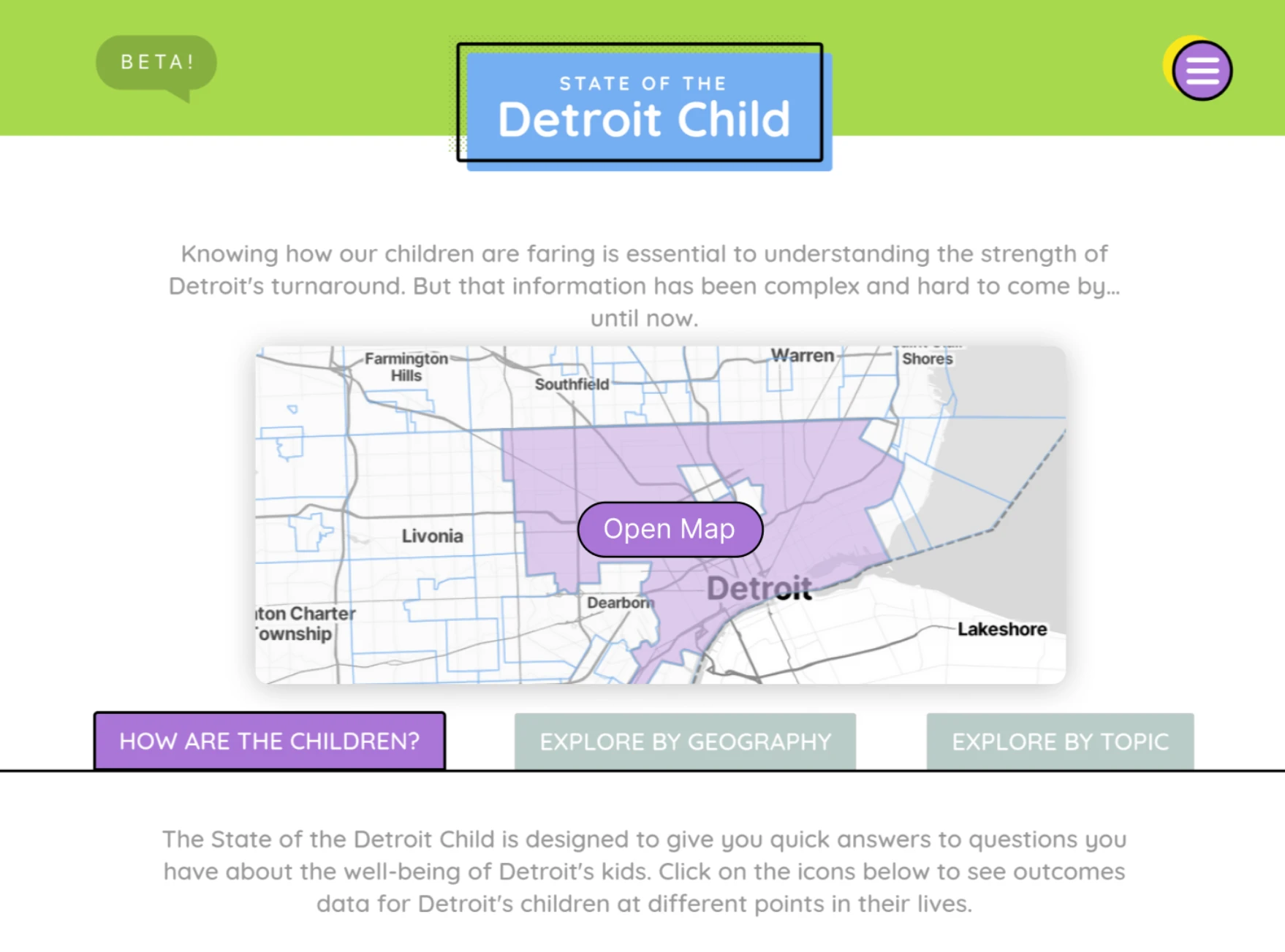 Mockup of the State of the Detroit Child homepage redesign with an embedded interactive map of Detroit prominently featured.