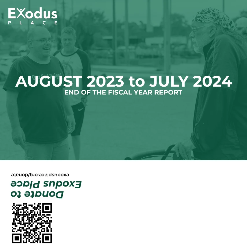Teal fiscal year report cover featuring a donation QR code.
