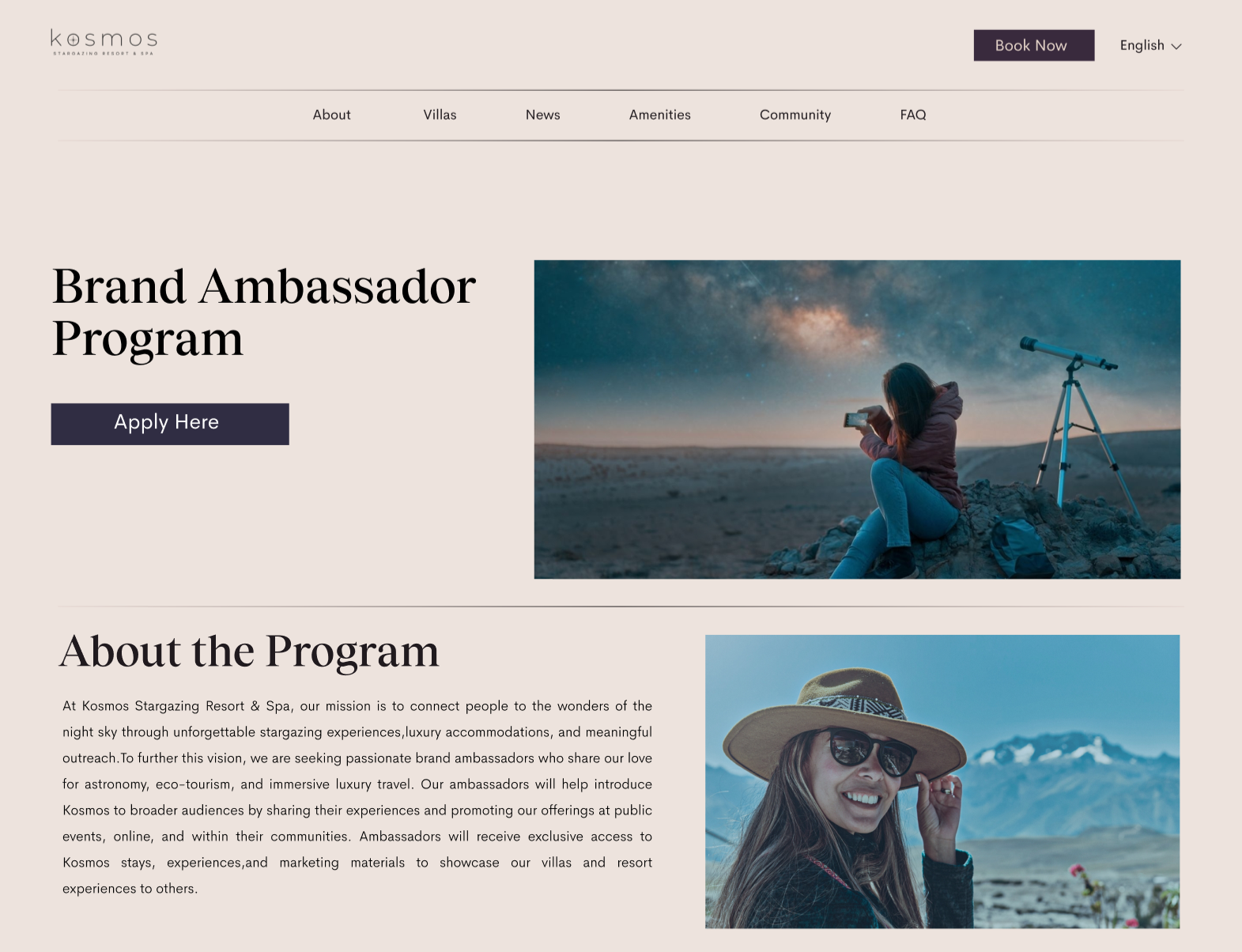 Split layout with beige background, contained hero photo on the right beside the heading and CTA.