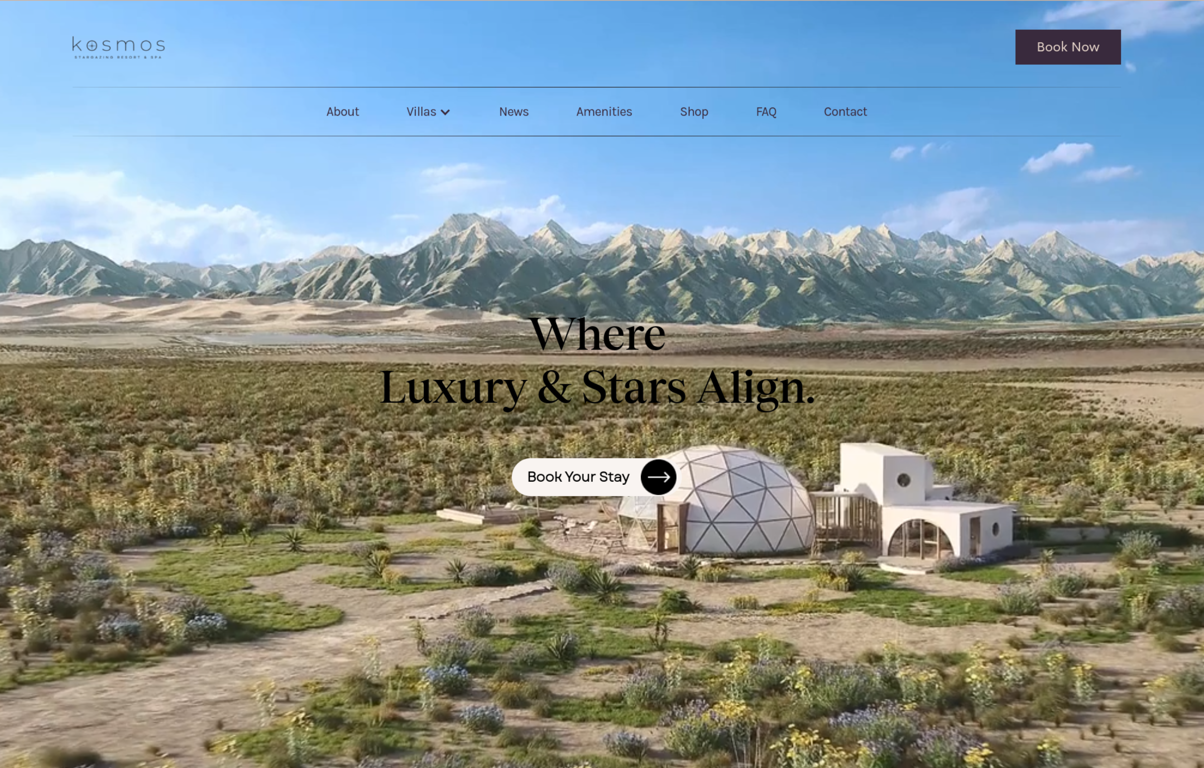 Old website hero section with very low contrast between the text and the background, and it shows the villa during the day time, which is less relevant to the stargazing experience.