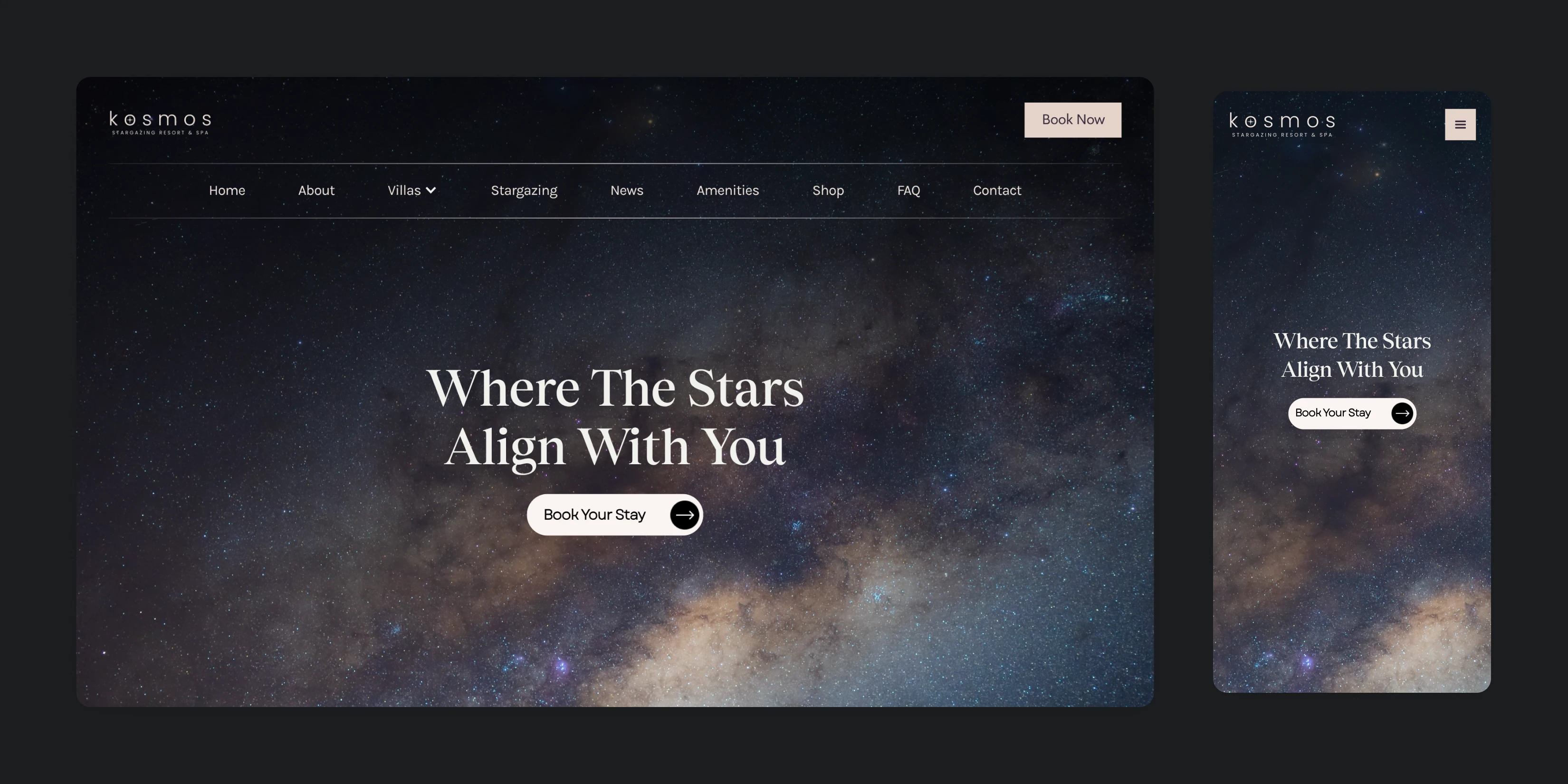 Desktop and mobile mockups featuring a starry night interface theme.