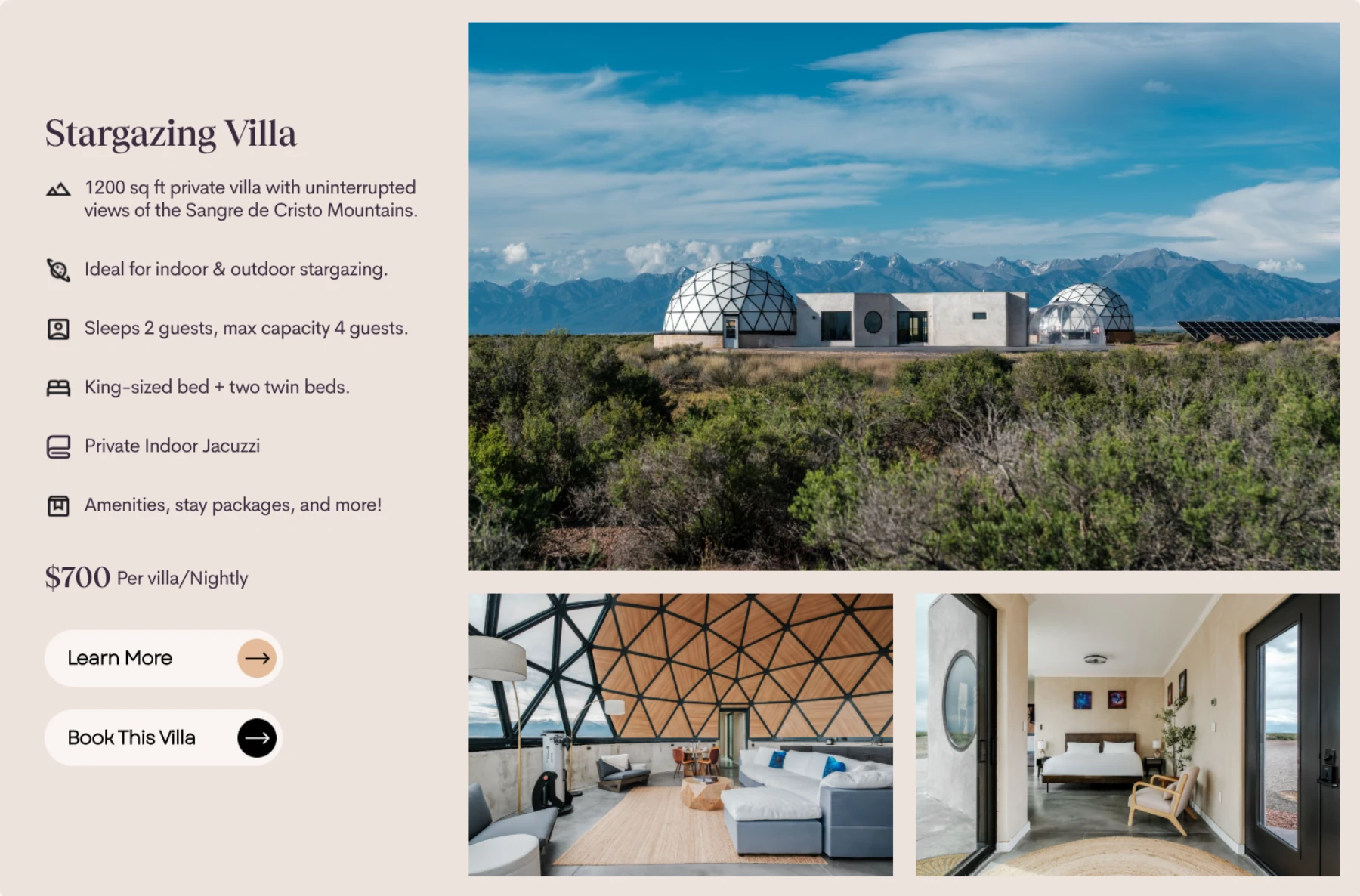 Villa booking card displaying amenities, price ($700/night), and interior photos of a bedroom inside a dome structure.