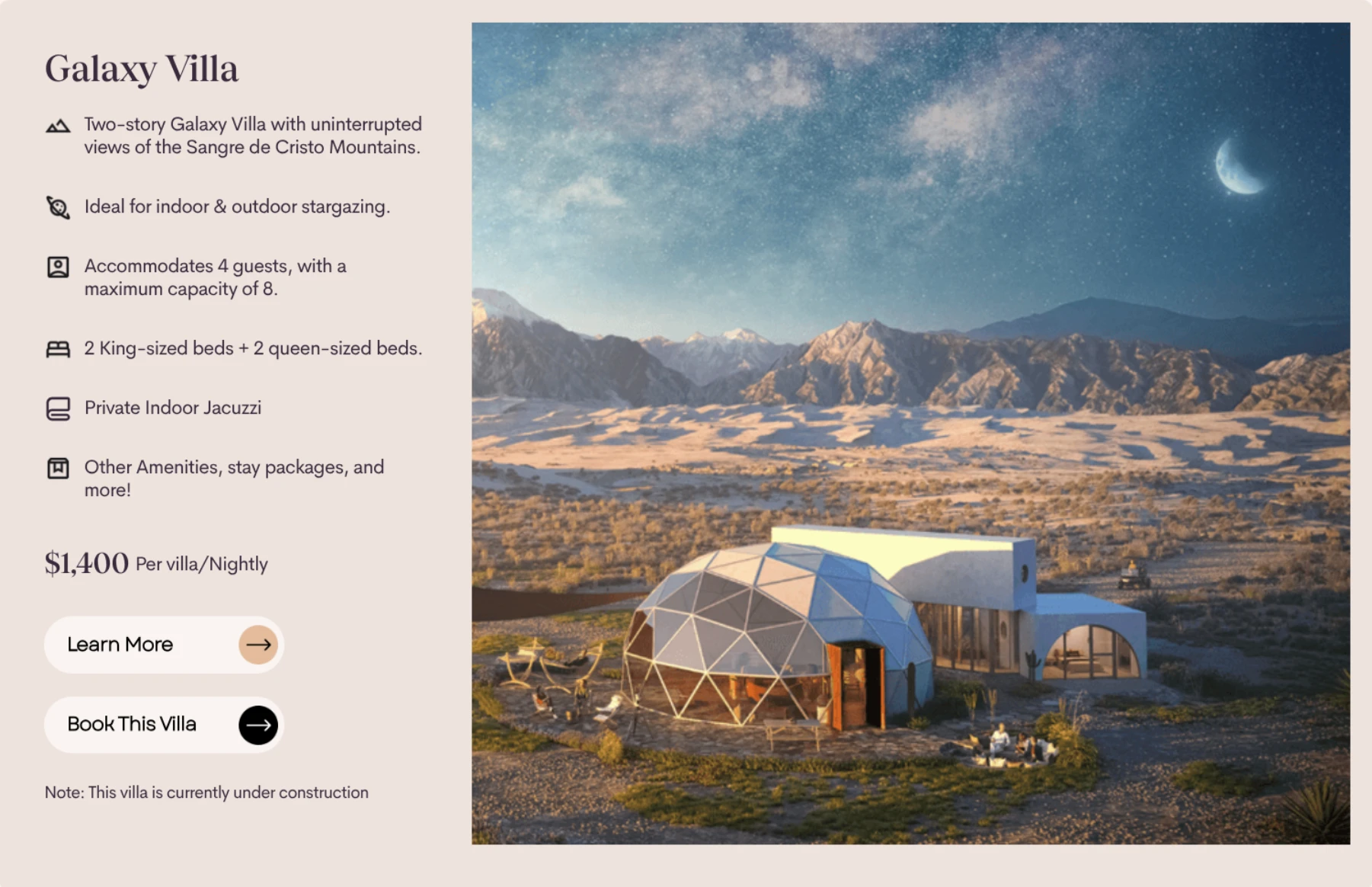 Villa booking card displaying a night-time rendering of a dome illuminated against a starry desert sky.