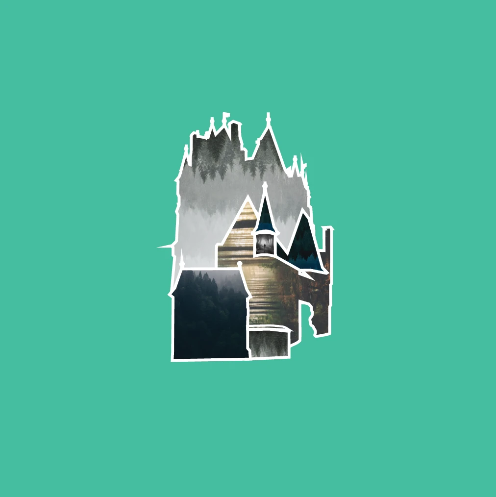 Album insert art featuring a dark castle silhouette against a teal background.